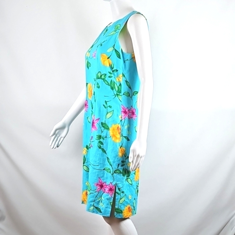 Talbots 100% Linen Bright Aqua Pink Yellow Floral Print Sleeveless Sheath Dress - Picture 5 of 16